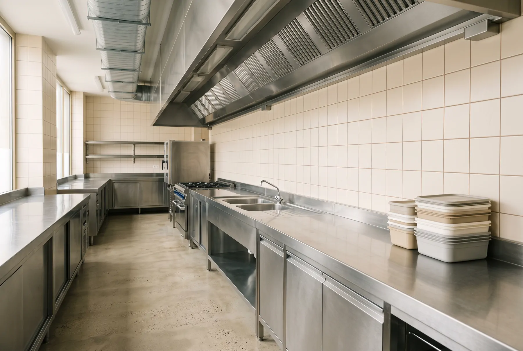 A clean, empty commercial kitchen with an extraction hood