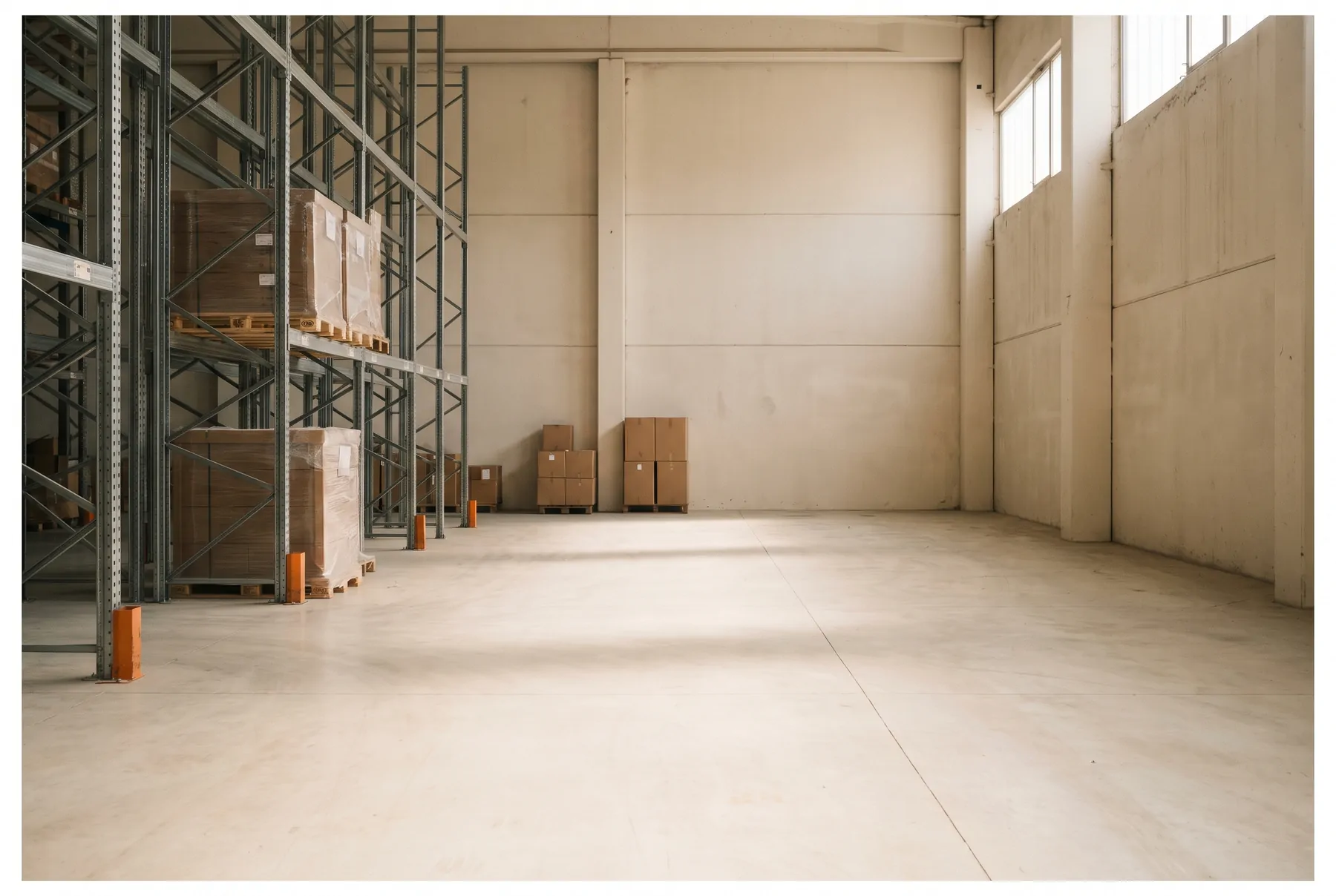 Warehouse racking with a few pallets and a wide empty floor