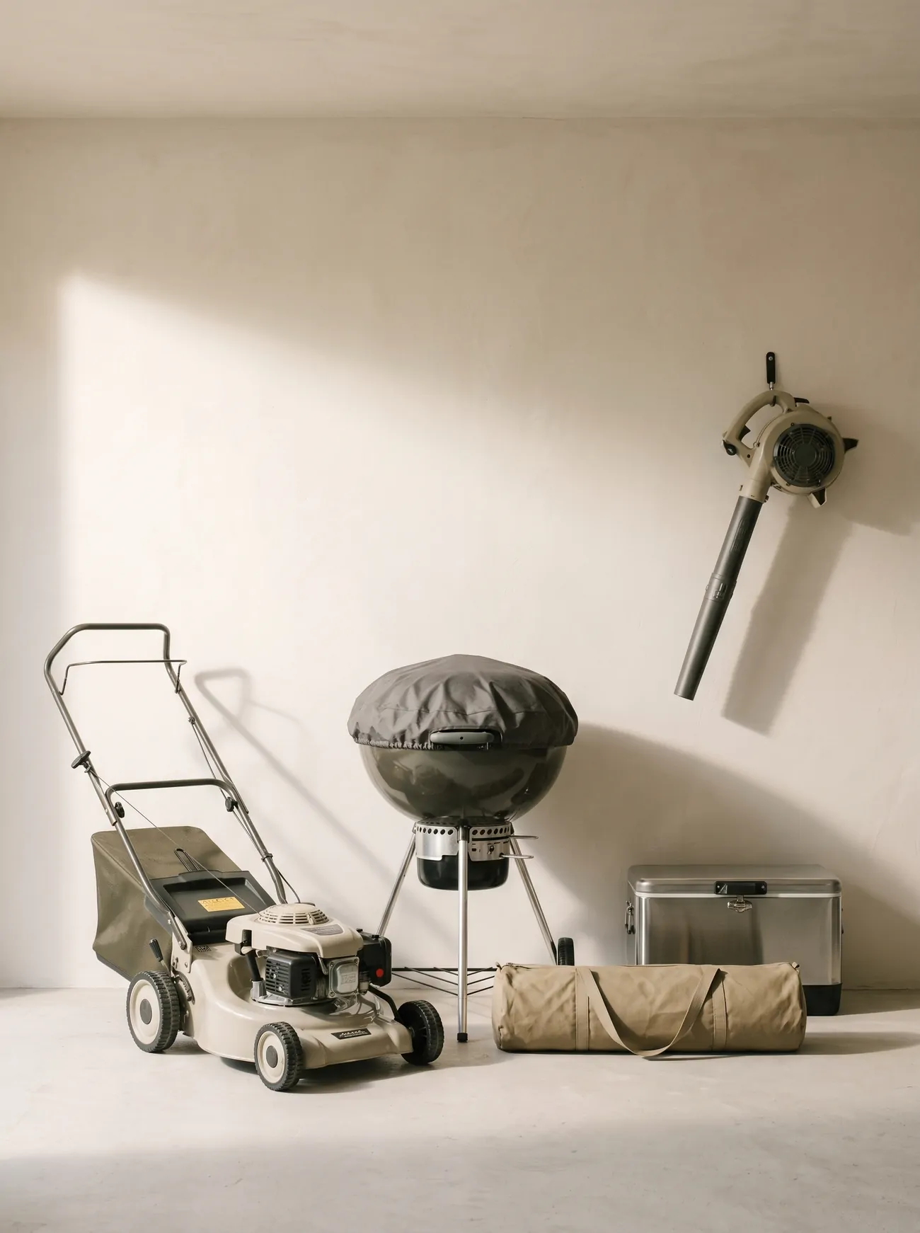 A lawnmower, leaf blower, barbecue, rolled tent and cool box in a shed