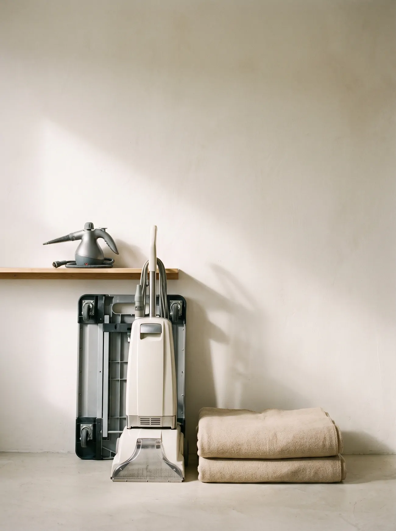 A carpet cleaner, steam cleaner, moving trolley and furniture blankets
