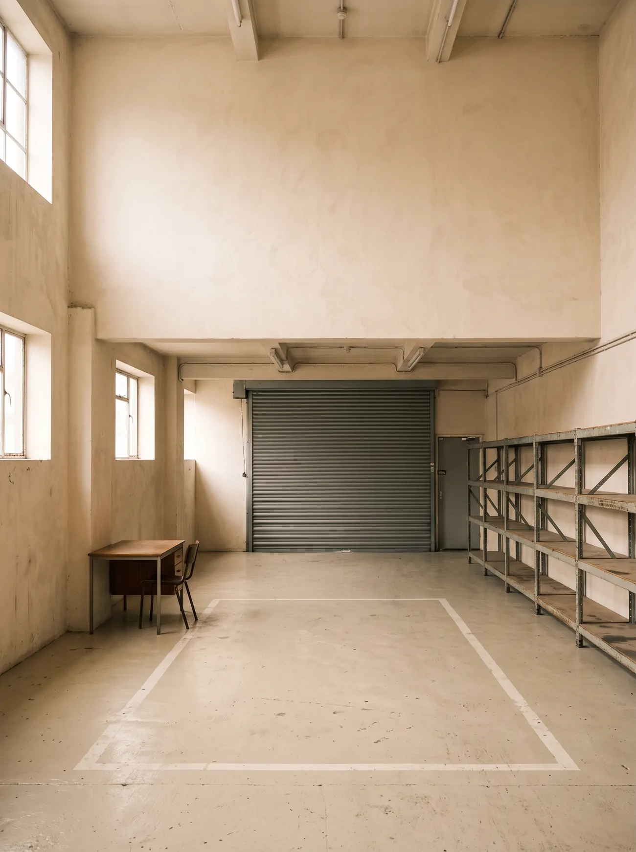A bare room with a roller shutter door, a marked parking bay and shelving