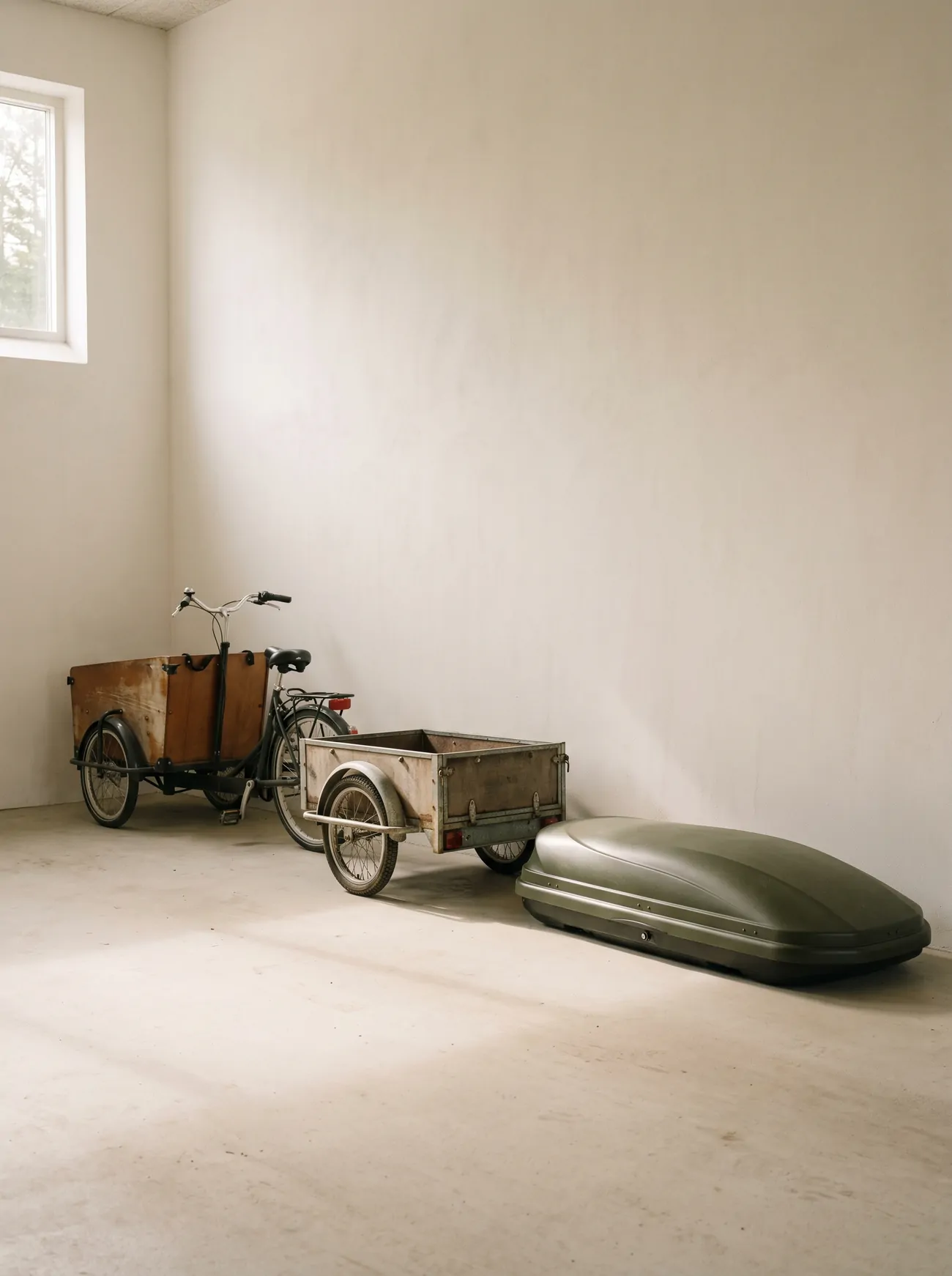 A cargo bike, a small box trailer and a car roof box in a garage