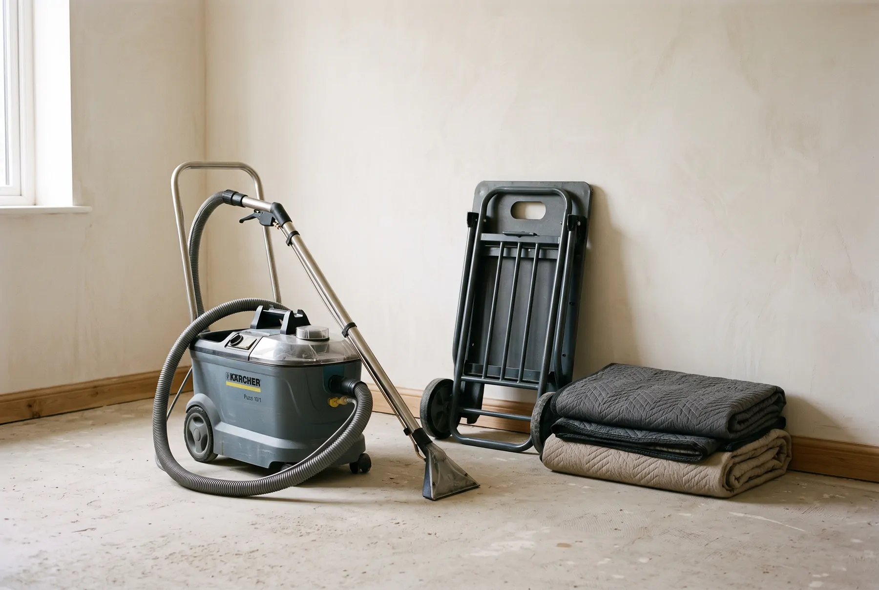 A carpet cleaning machine beside a moving trolley and blankets