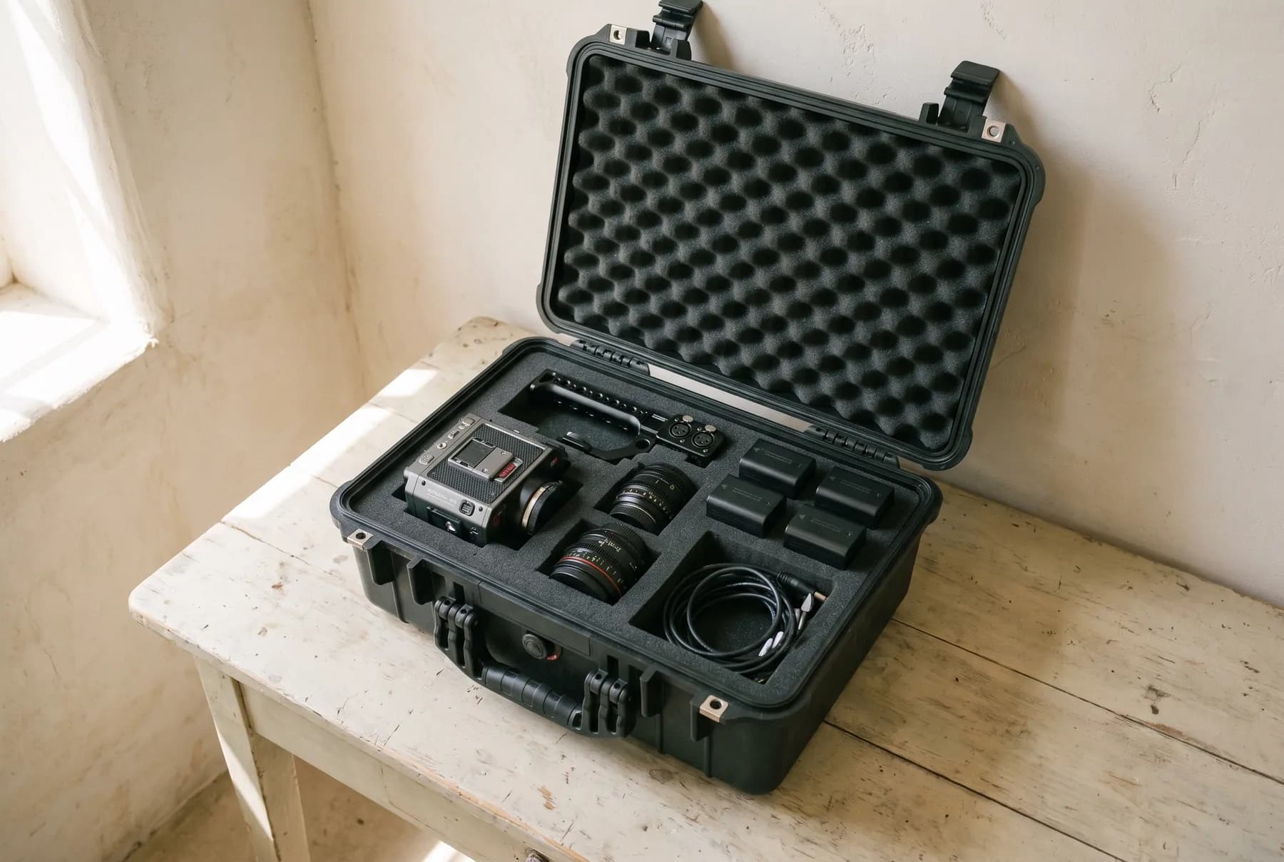 The camera and lenses laid out in their foam-lined flight case