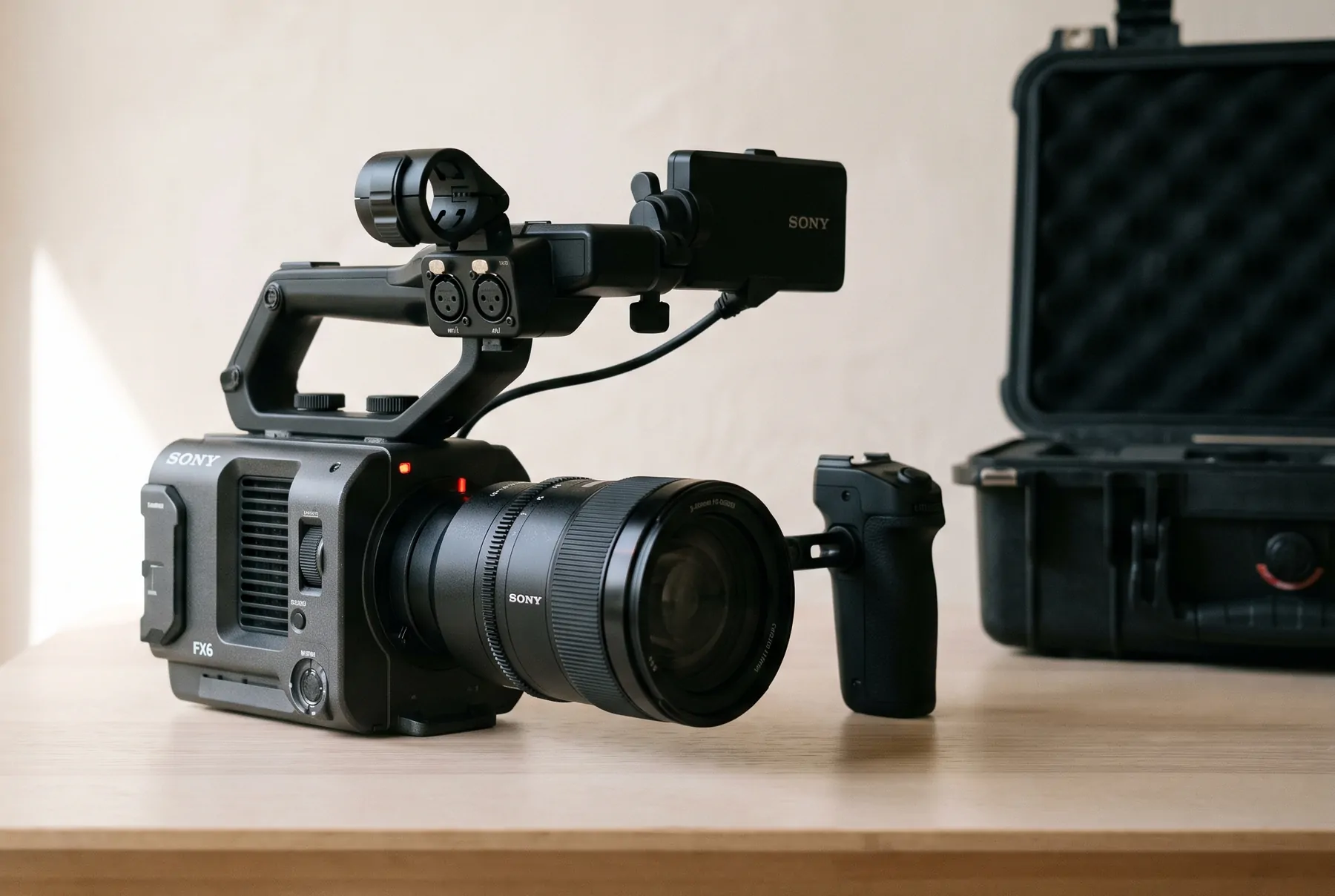 A Sony FX6 cinema camera with its top handle, side monitor and grip, on a table beside an open flight case