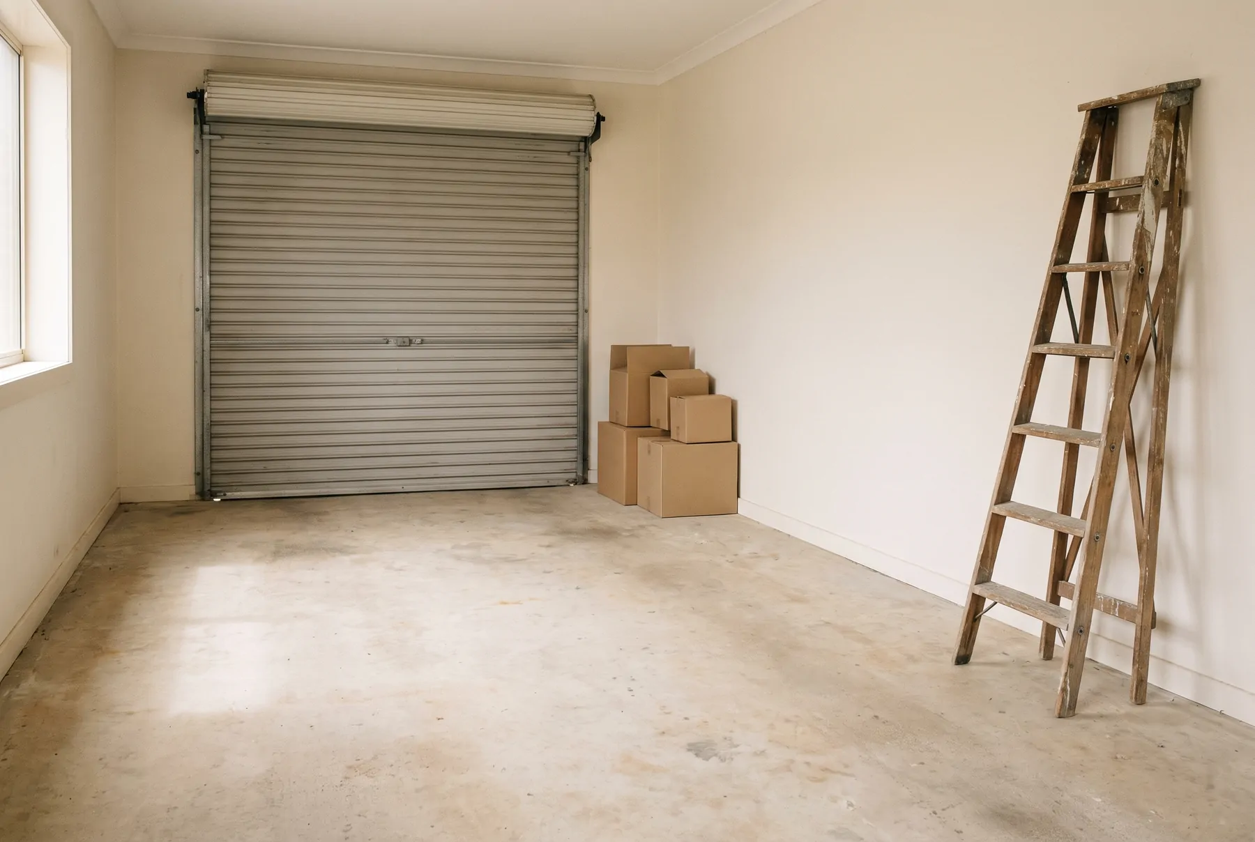 An empty garage with a step ladder and stacked boxes