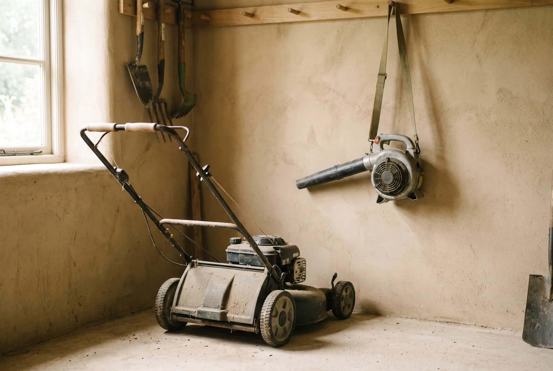 A lawnmower in a clean shed with a leaf blower on the wall
