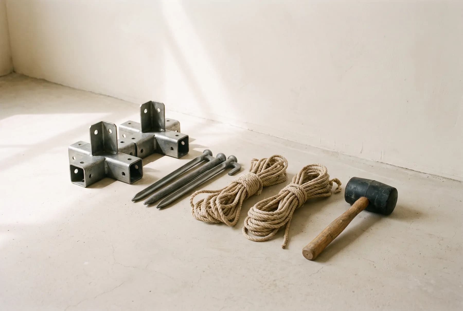 Corner connectors, pegs, guy ropes and a mallet laid out