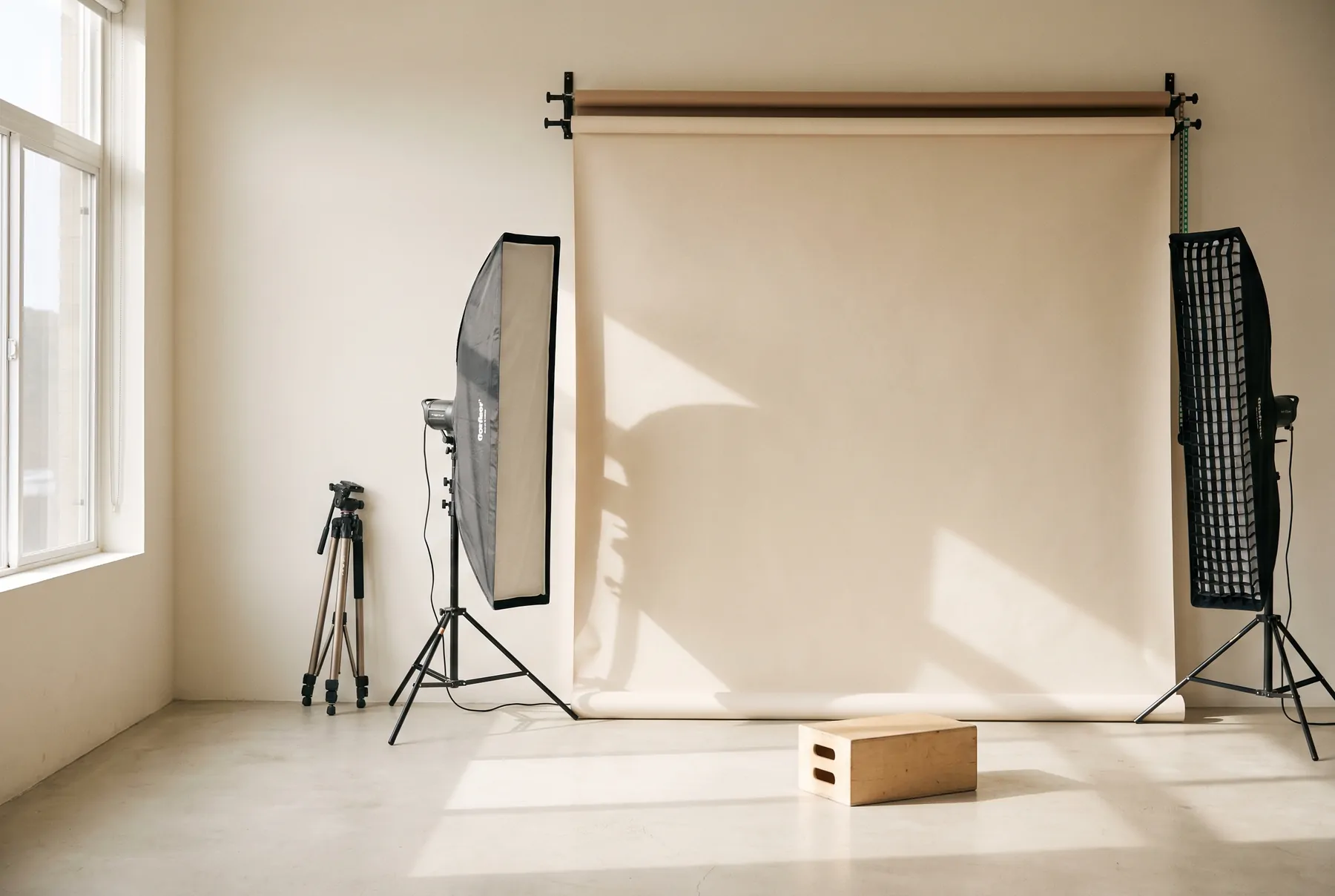 An empty photo studio with softboxes, a backdrop and a tripod