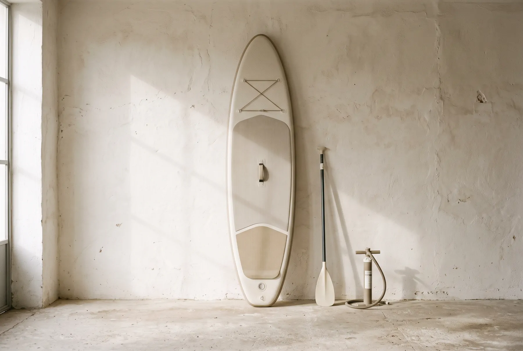 An inflatable paddleboard standing against a wall with its paddle and pump