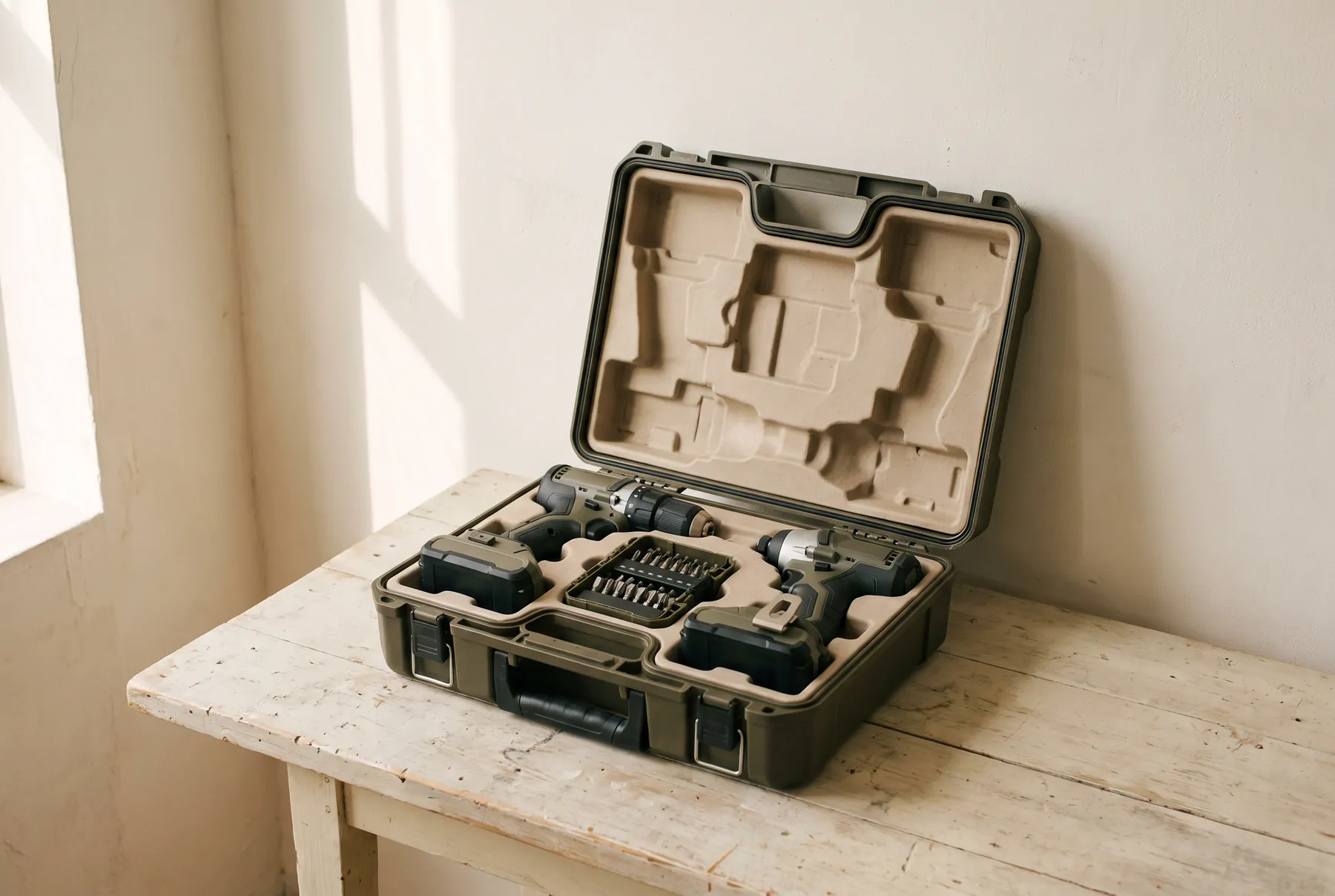A professional power tool set laid out in its case on a workbench