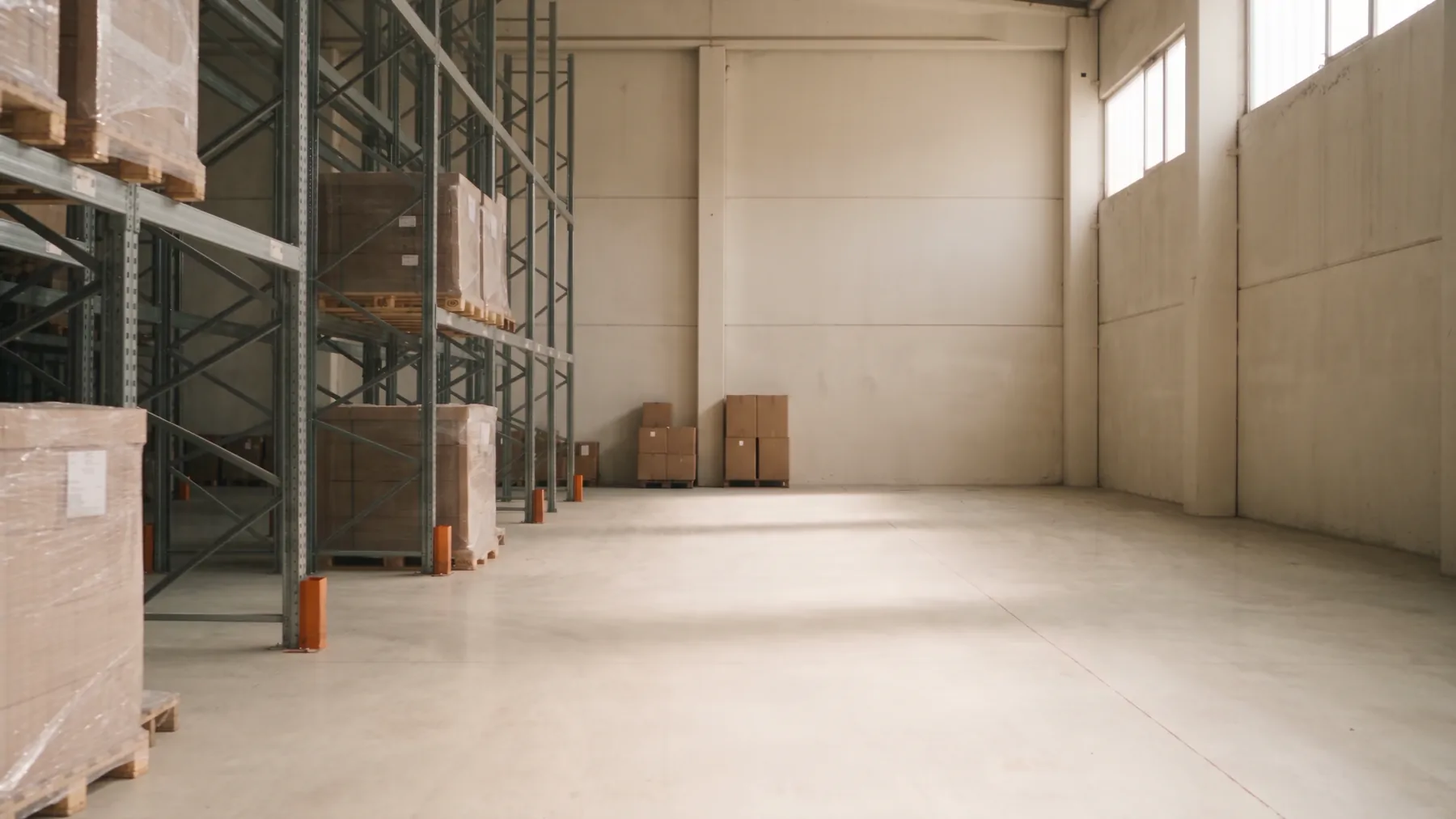 A half-empty warehouse: steel racking with a few pallets and a wide expanse of clear floor
