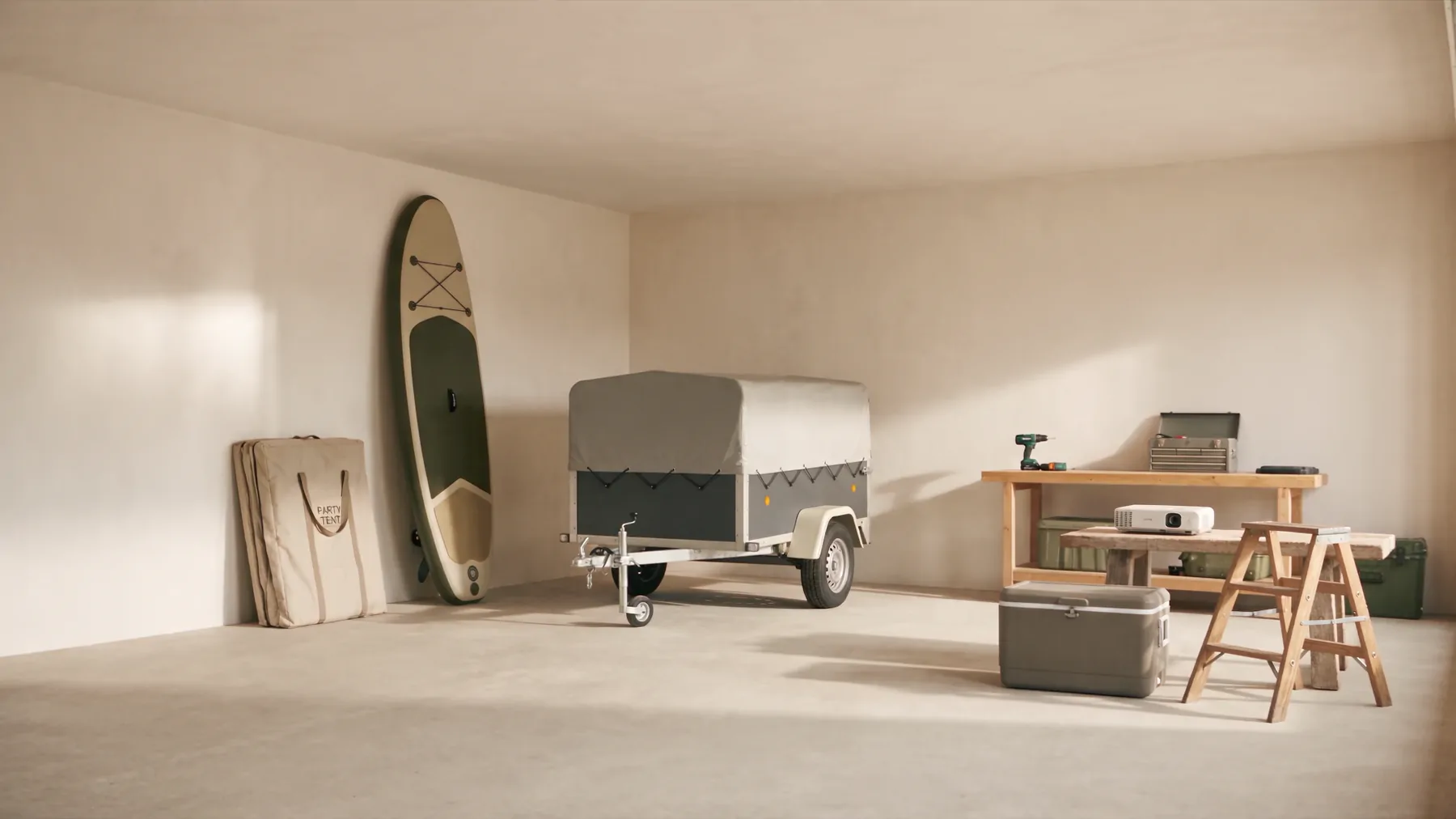 A storage garage holding a party tent, a paddleboard, a box trailer, a drill, a projector and a cool box, all standing unused