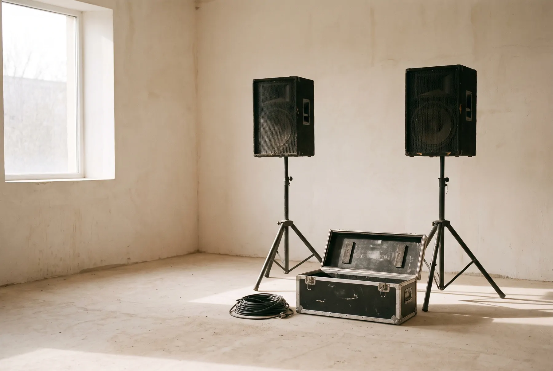 Two PA speakers on stands beside a flight case
